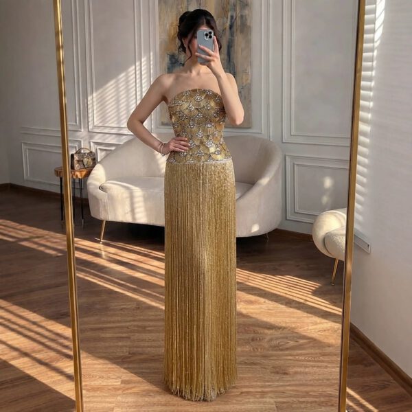 Nove Dress Gold Beaded Strapless Evening Dress 1 - Nove Dress