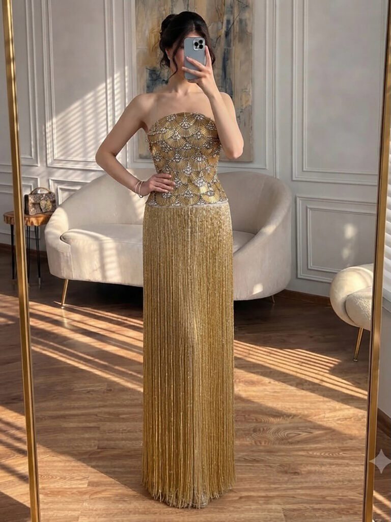 Nove Dress gold Abendkleid mit Perlenstickerei und trägerlosem Schnitt