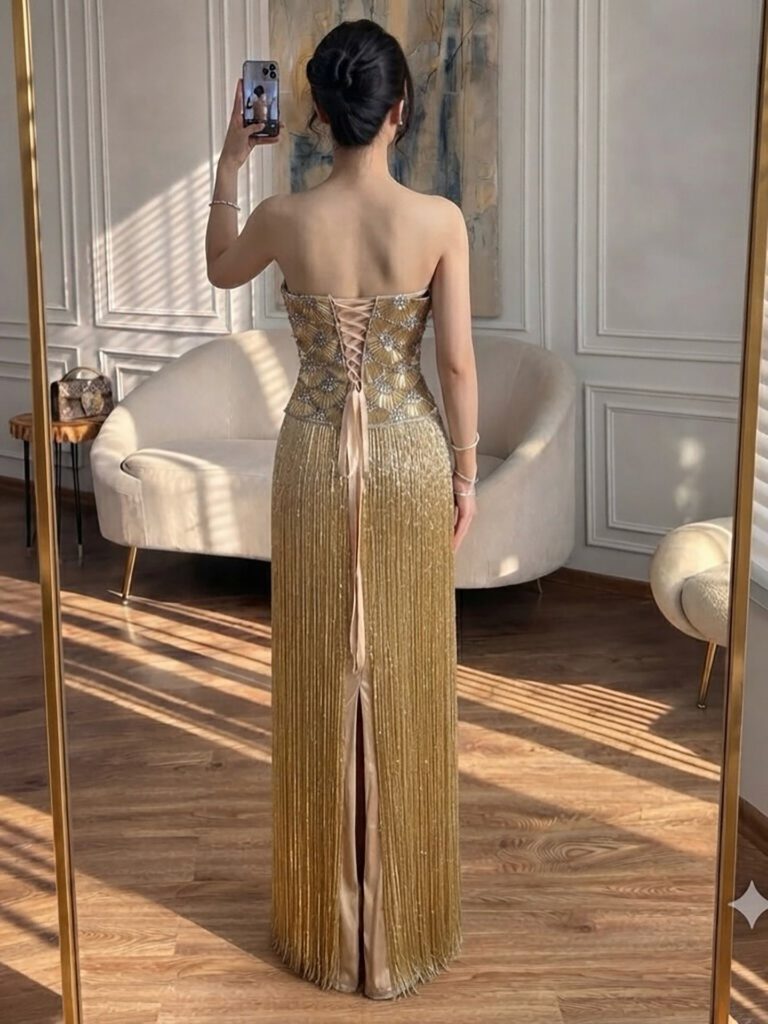 Nove Dress gold Abendkleid mit Perlenstickerei und trägerlosem Schnitt