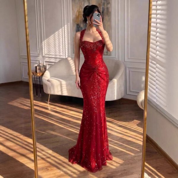 Nove Dress Gold Crystal Beaded Halter Mermaid Evening Dress 1 - Nove Dress