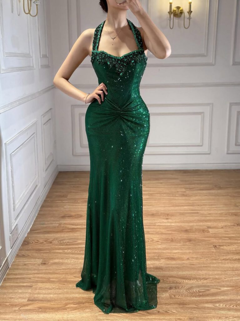 Nove Dress goud mermaid avondjurk met kristalborduurwerk en halter