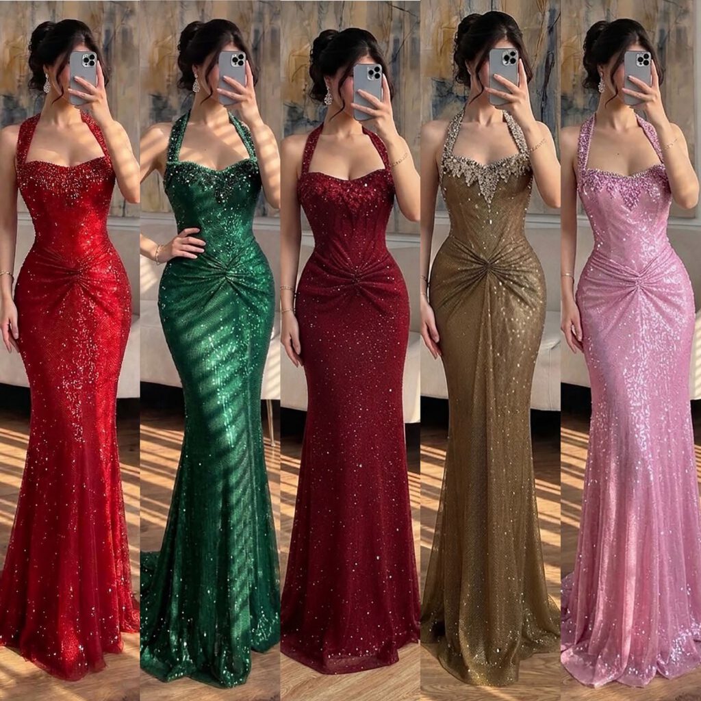 Nove Dress goud mermaid avondjurk met kristalborduurwerk en halter