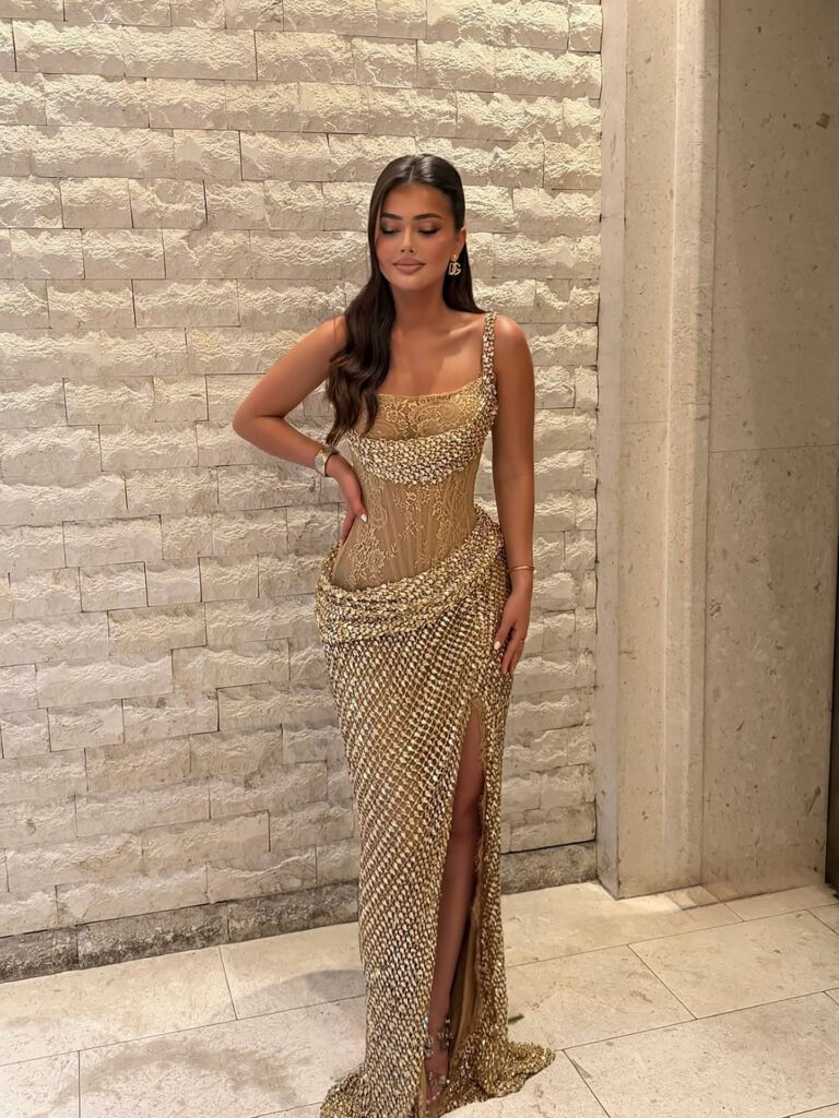 Nove Dress Gold Crystal Beaded Lace Mermaid Evening Dress