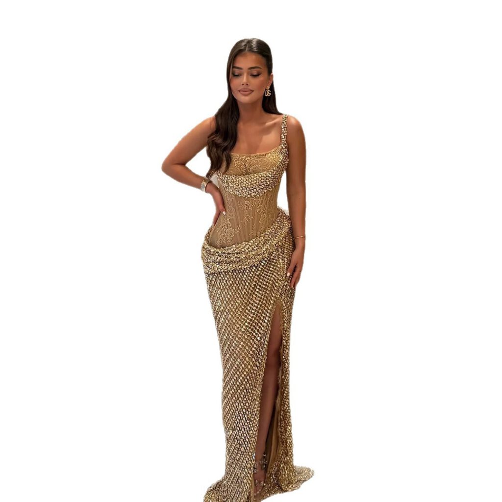 Nove Dress Gold Crystal Beaded Lace Mermaid Evening Dress