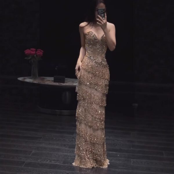 Nove Dress Gold Crystal Beaded Strapless Arabic Evening Dress 1 - Nove Dress