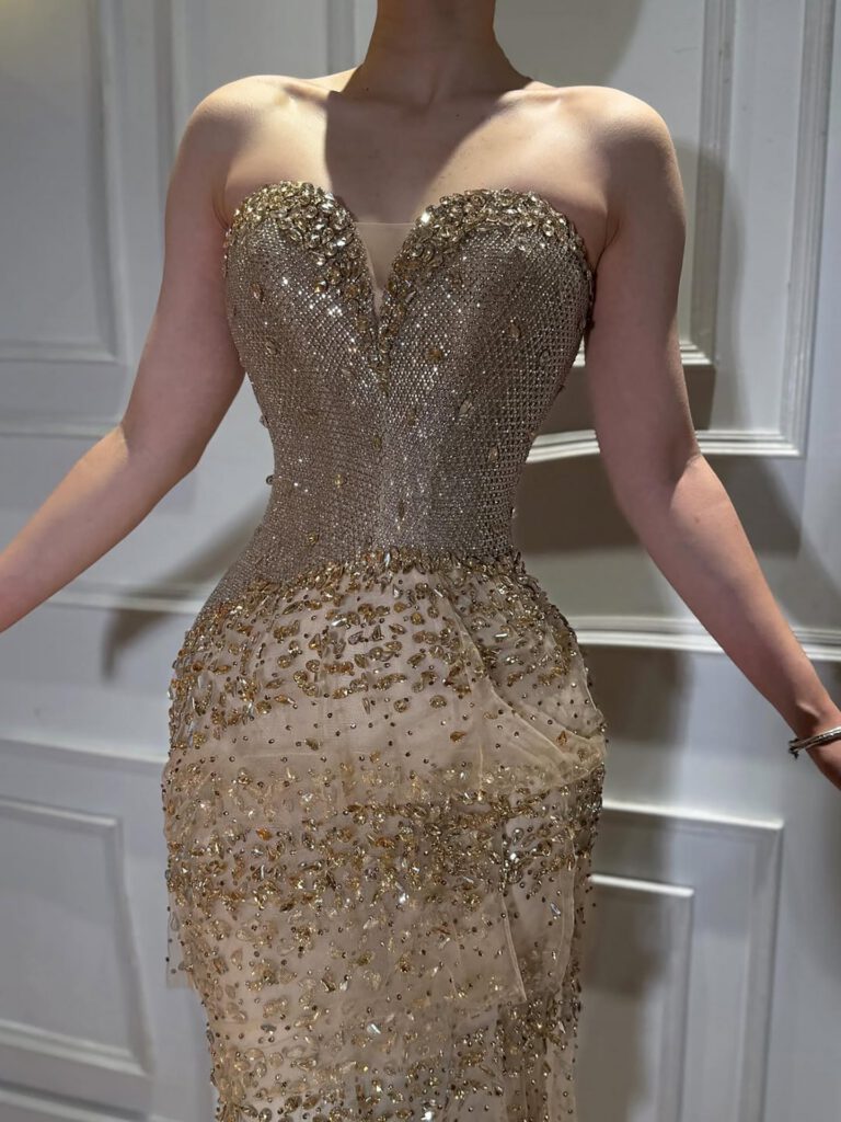 Nove Dress Gold Crystal Beaded Strapless Arabic Evening Dress