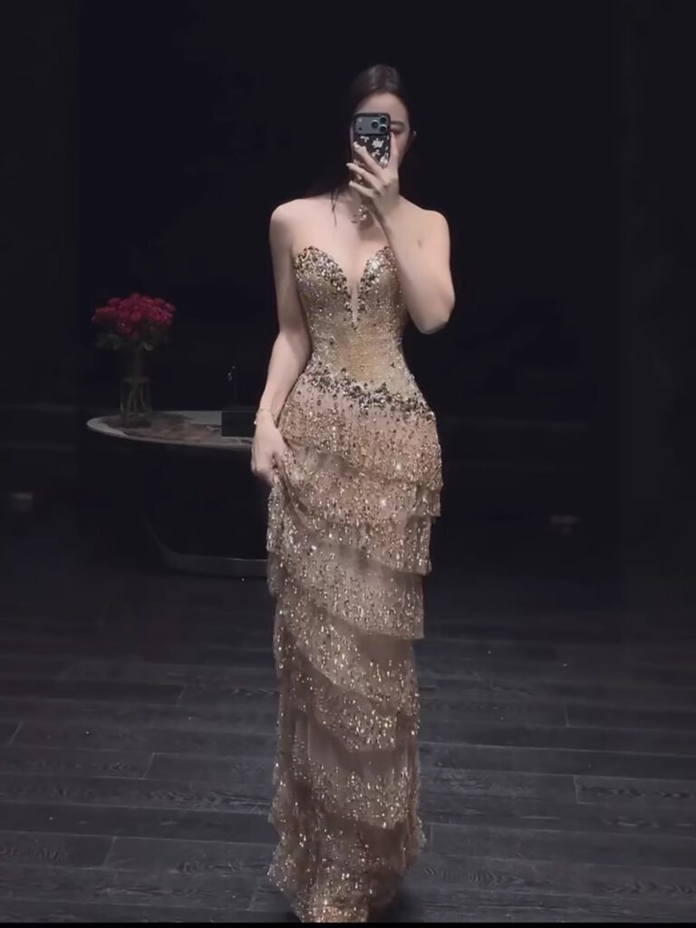 Nove Dress Gold Crystal Beaded Strapless Arabic Evening Dress