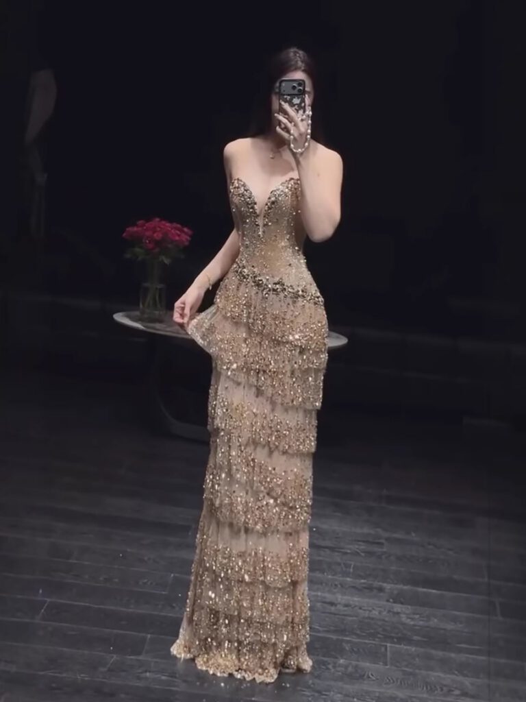 Nove Dress Gold Crystal Beaded Strapless Arabic Evening Dress