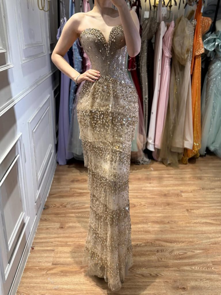 Nove Dress Gold Crystal Beaded Strapless Arabic Evening Dress