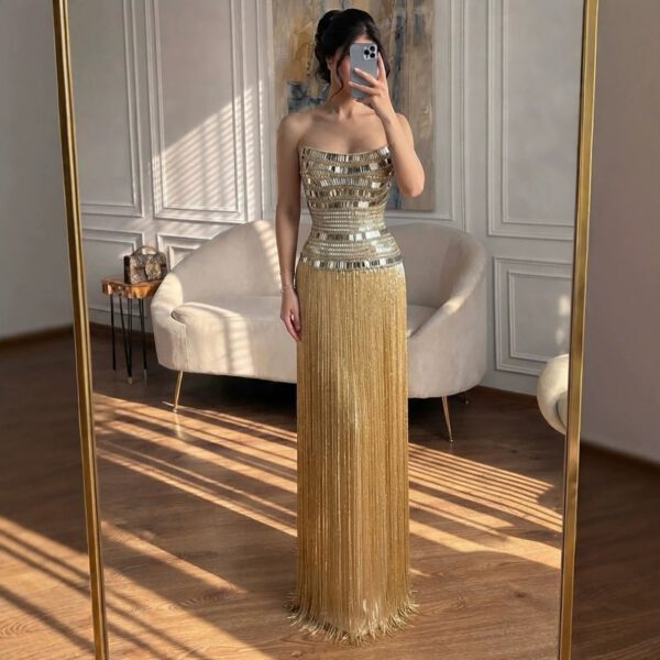 Nove Dress Gold Crystal Beaded Strapless Evening Dress 1 - Nove Dress
