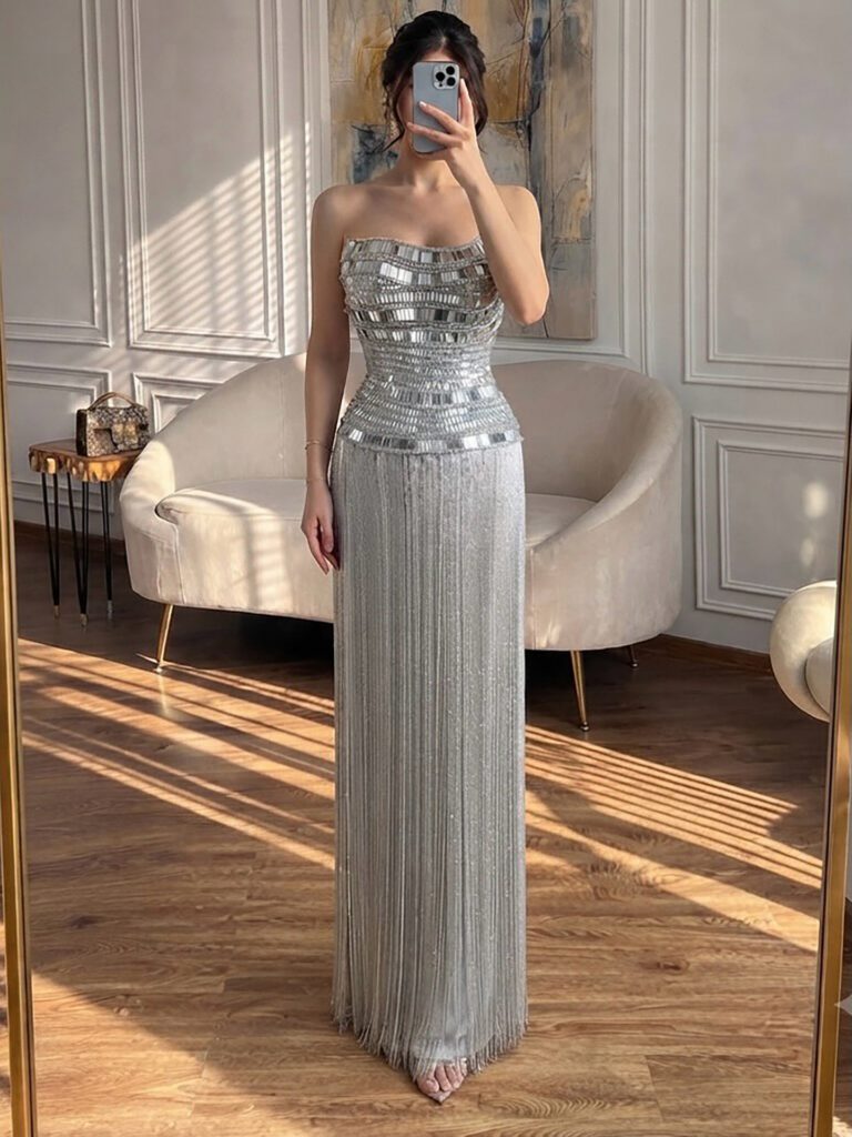Nove Dress Gold Crystal Beaded Strapless Evening Dress