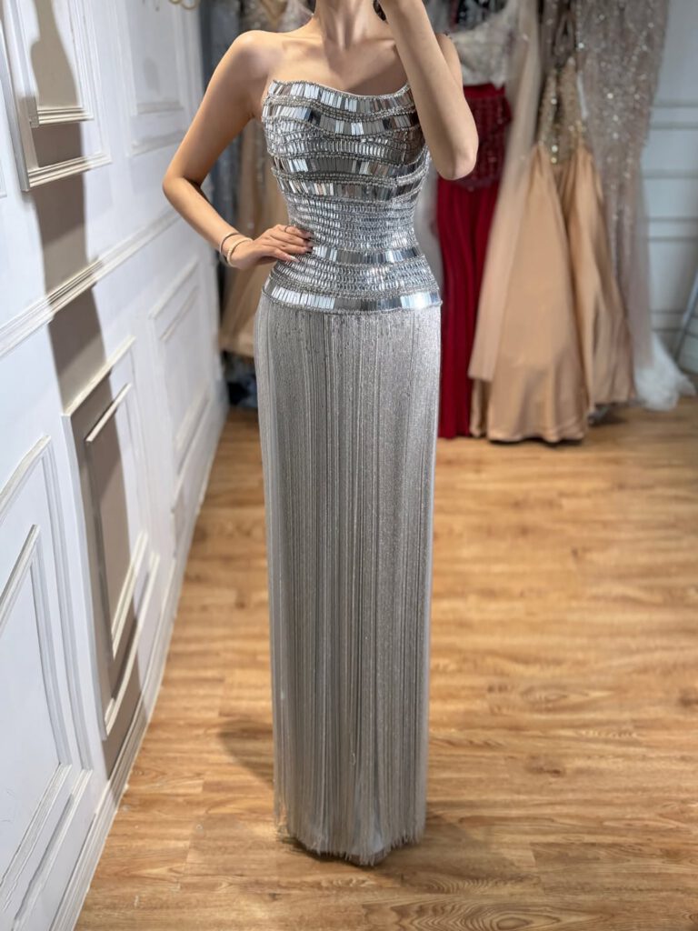 Nove Dress Gold Crystal Beaded Strapless Evening Dress