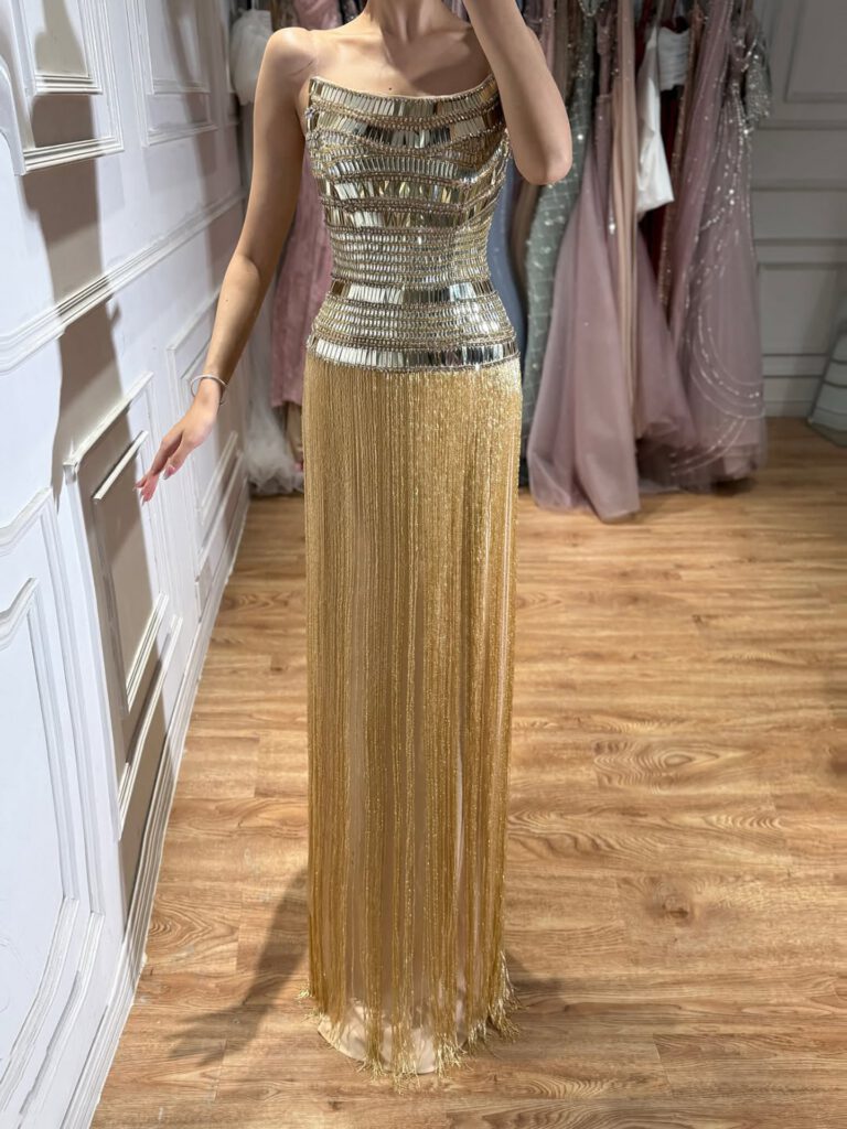 Nove Dress Gold Crystal Beaded Strapless Evening Dress