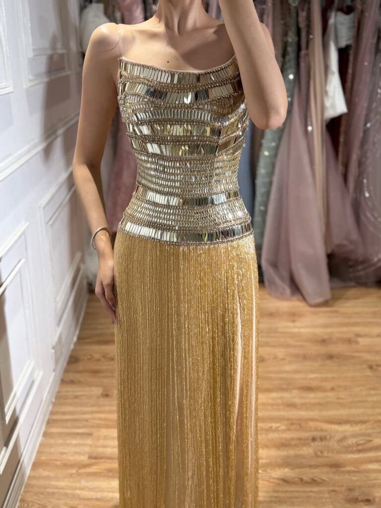 Nove Dress Gold Crystal Beaded Strapless Evening Dress