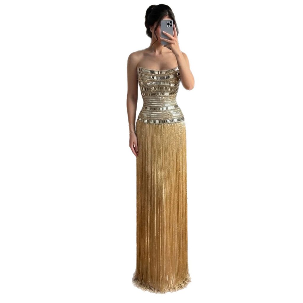 Nove Dress Gold Crystal Beaded Strapless Evening Dress