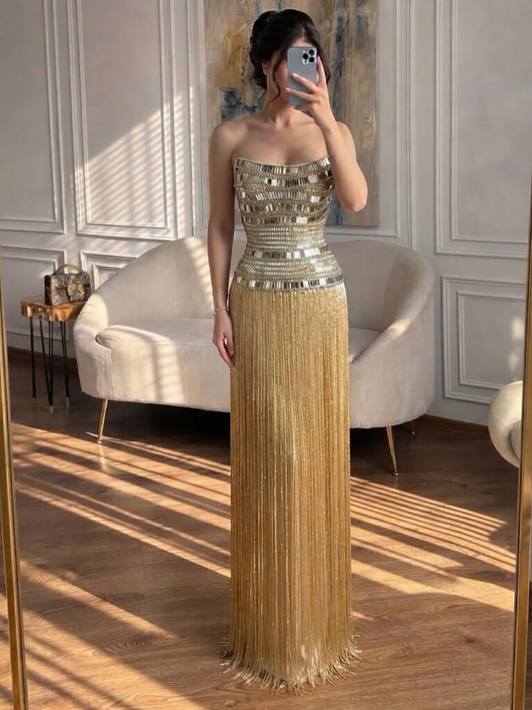 Nove Dress Gold Crystal Beaded Strapless Evening Dress