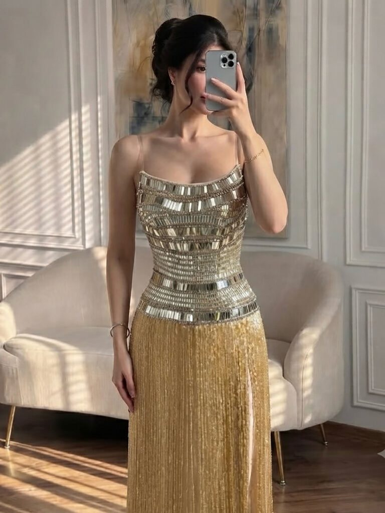 Nove Dress Gold Crystal Beaded Strapless Evening Dress