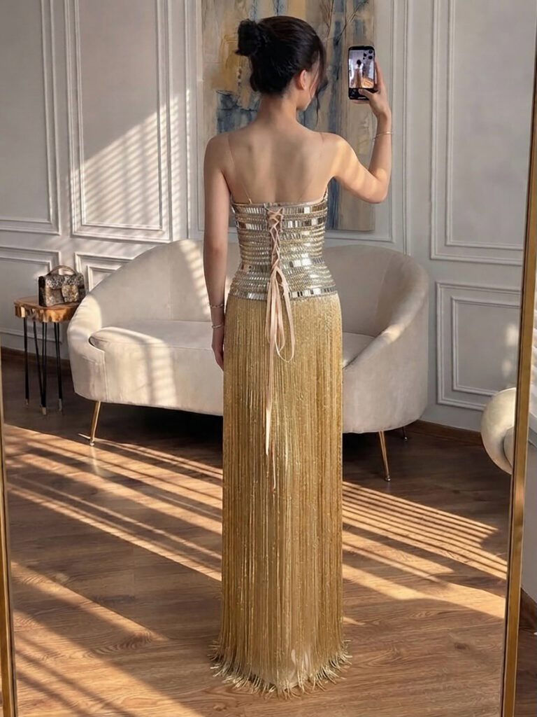 Nove Dress Gold Crystal Beaded Strapless Evening Dress