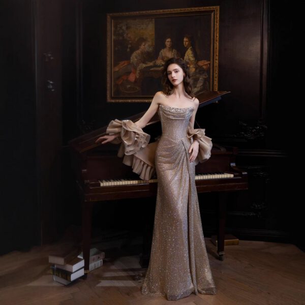 Nove Dress Gold Crystal Beaded Strapless Mermaid Evening Dress 1 - Nove Dress
