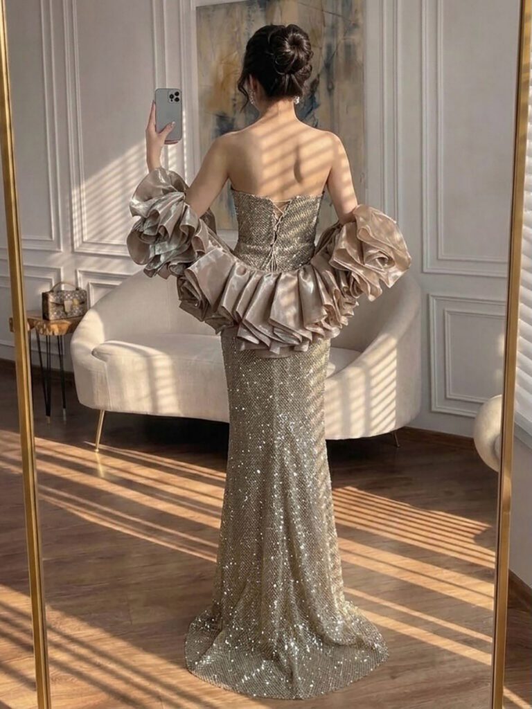 Nove Dress gold Meerjungfrau Abendkleid mit Kristallbesatz und trägerlosem Schnitt