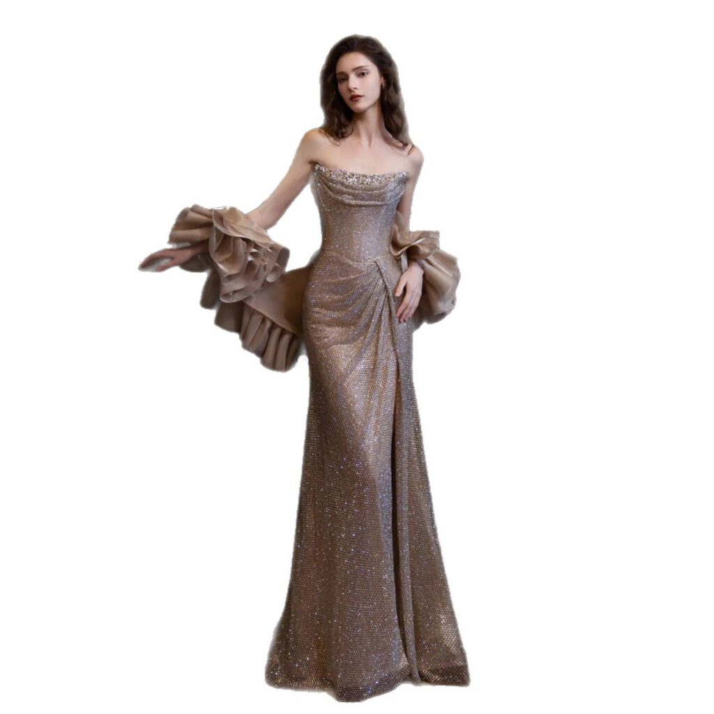 Nove Dress gold Meerjungfrau Abendkleid mit Kristallbesatz und trägerlosem Schnitt