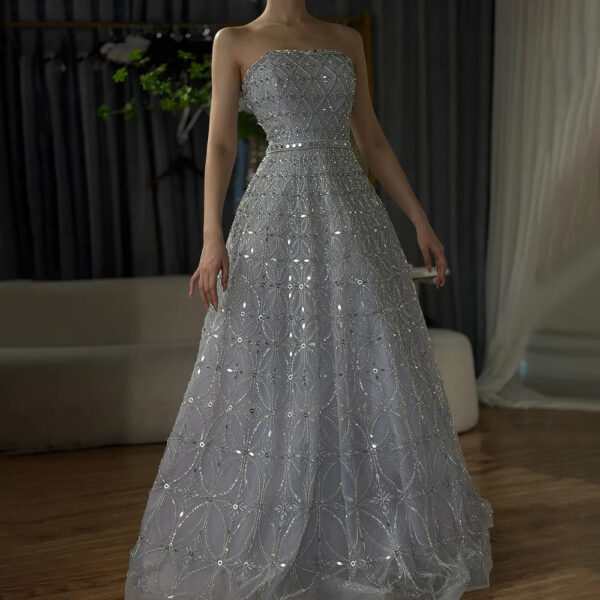 Nove Dress Gray Beaded A-Line Arabic Evening Dress - Style LA72755 1 - Nove Dress