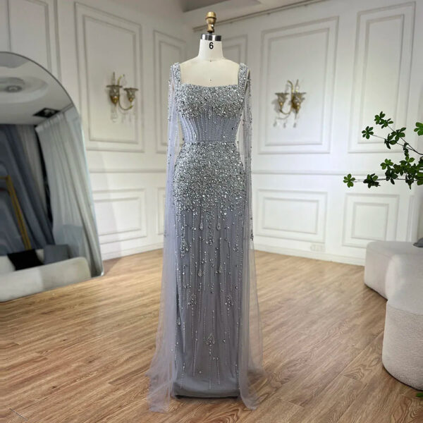 Nove Dress Gray Beaded Cape Sleeve Mermaid Arabic Evening Dress 1 - Nove Dress