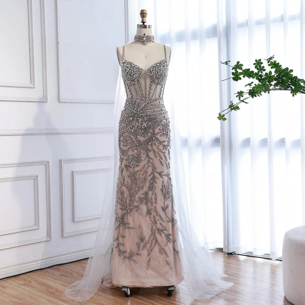 Nove Dress Gray Beaded Evening Dress - Style