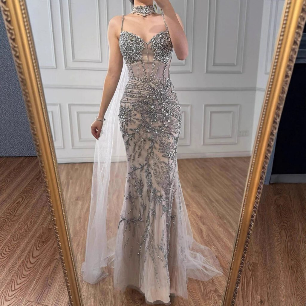 Nove Dress Gray Beaded Evening Dress - Style