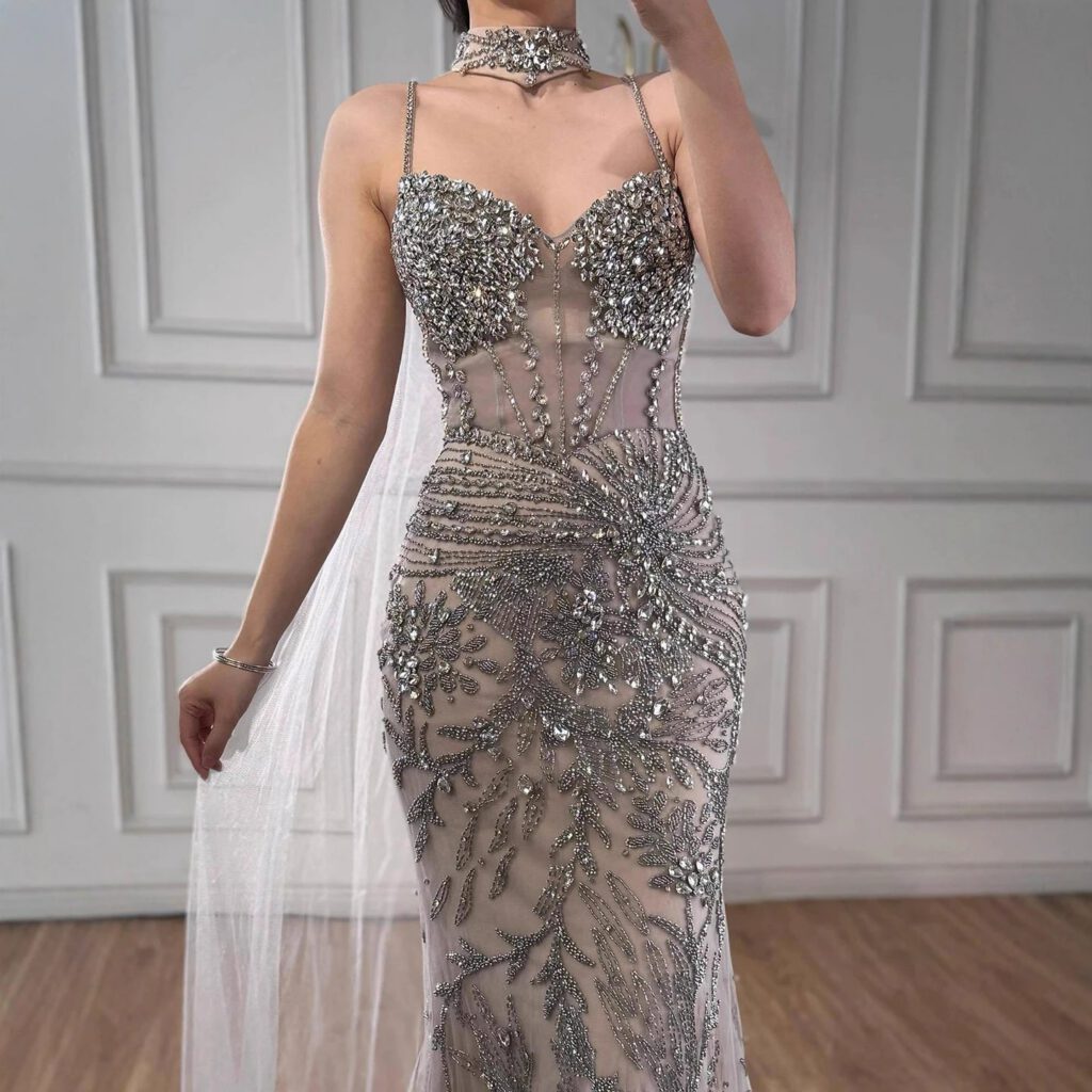 Nove Dress Gray Beaded Evening Dress - Style