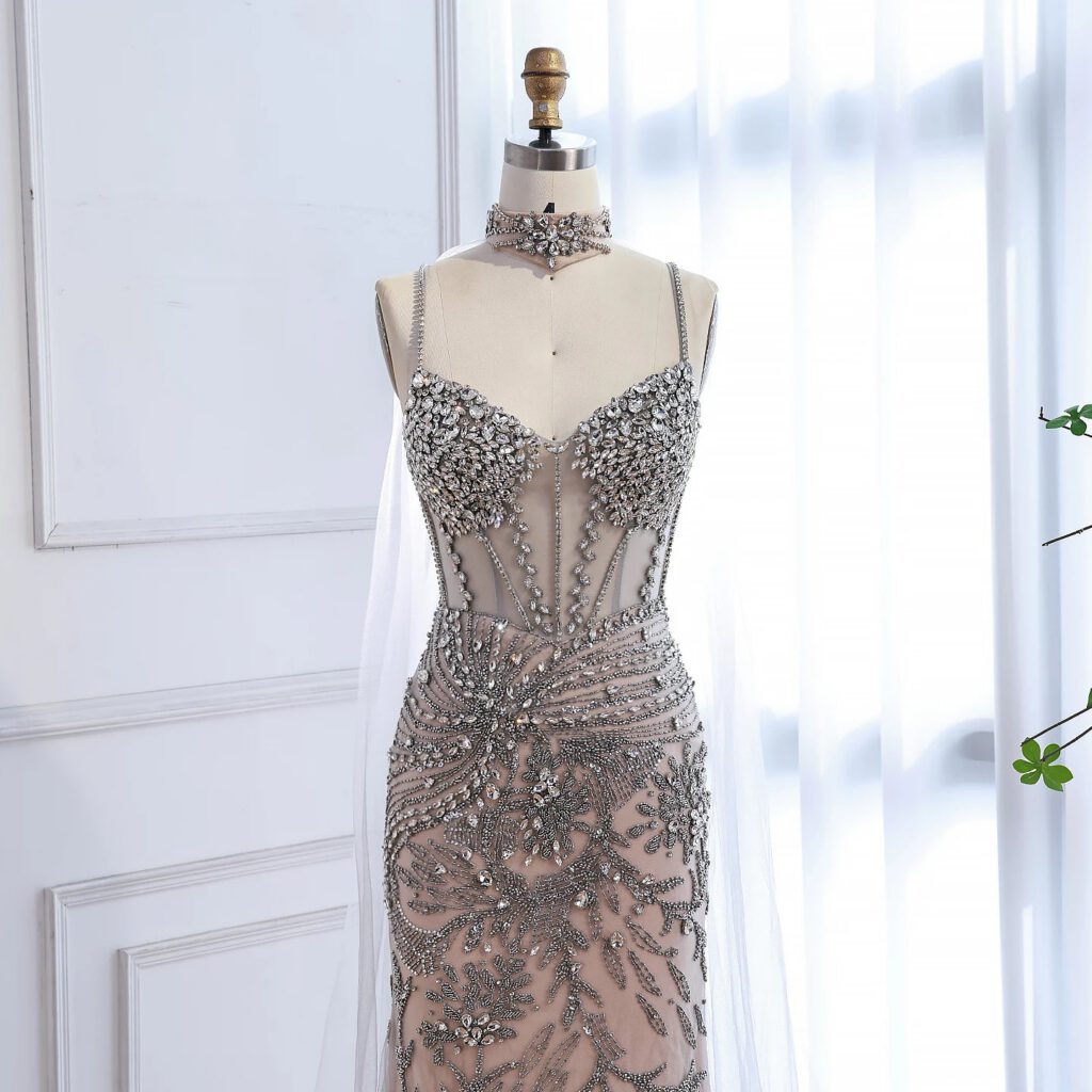 Nove Dress Gray Beaded Evening Dress - Style