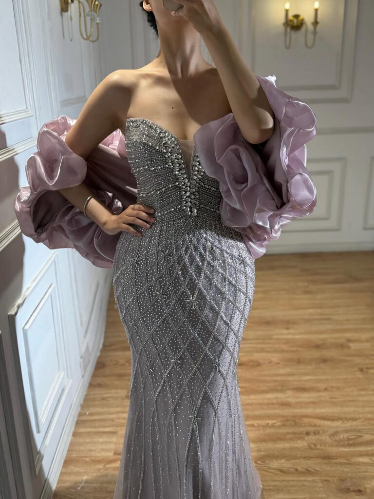 Nove Dress Gray Beaded Evening Dress - Style