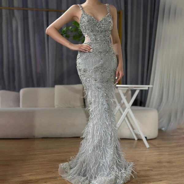 Nove Dress Gray Beaded Feather Evening Dress 1 - Nove Dress