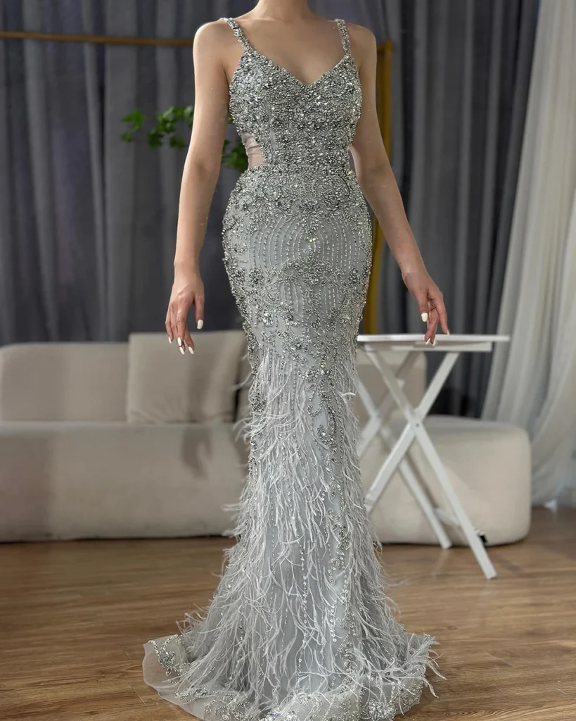 Nove Dress Gray Beaded Feather Evening Dress