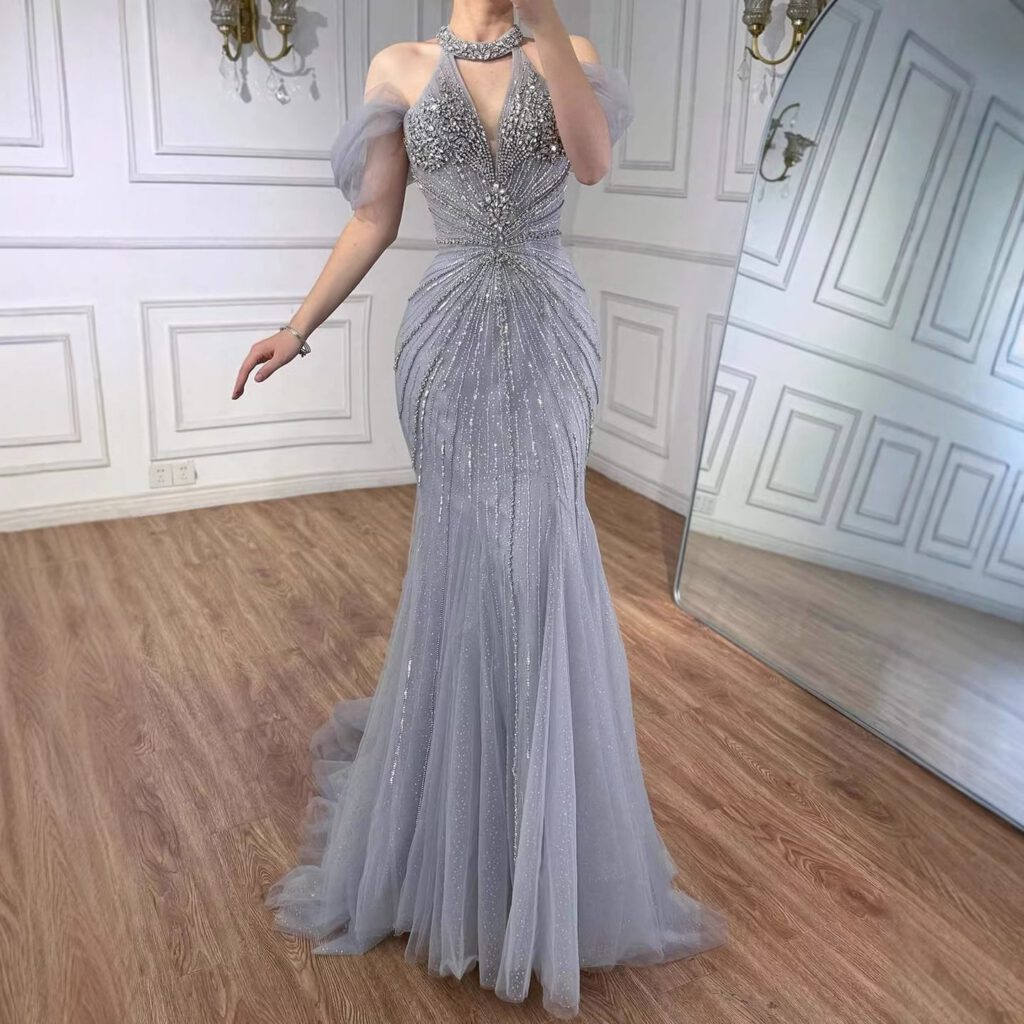 Nove Dress Gray Beaded Feather Mermaid Evening Dress