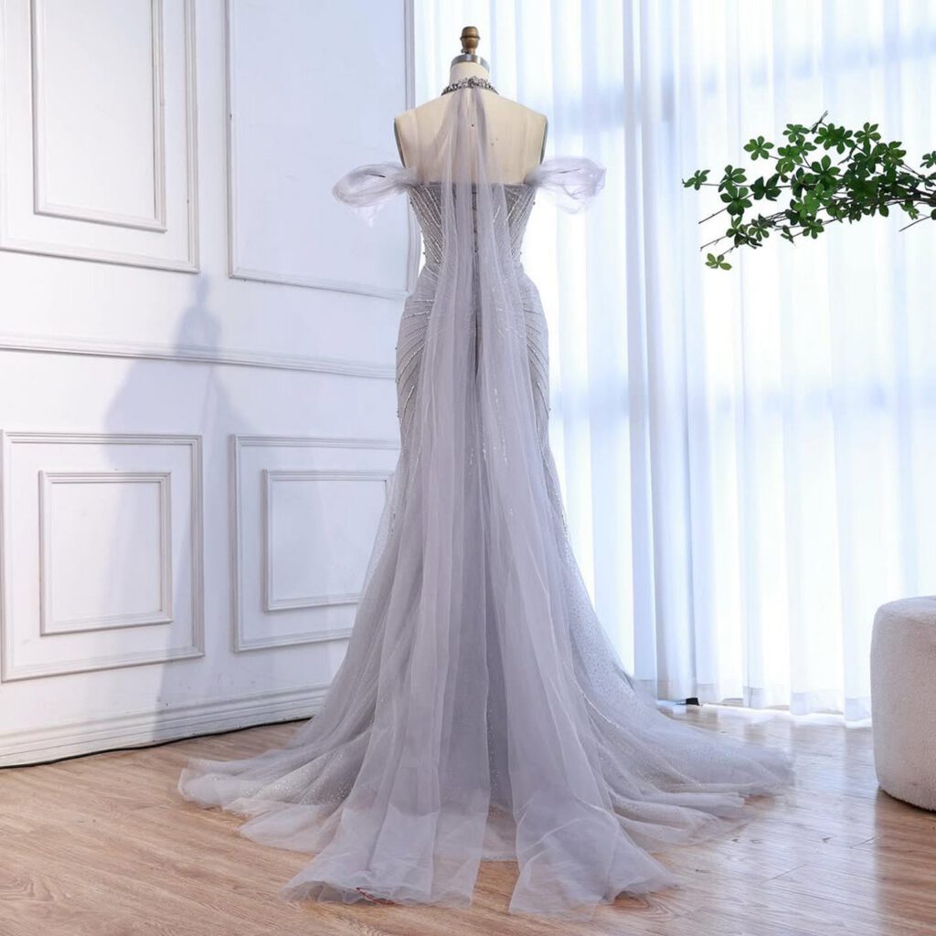 Nove Dress Gray Beaded Feather Mermaid Evening Dress