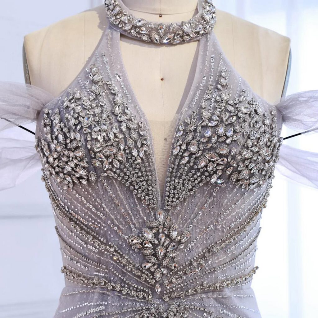 Nove Dress Gray Beaded Feather Mermaid Evening Dress
