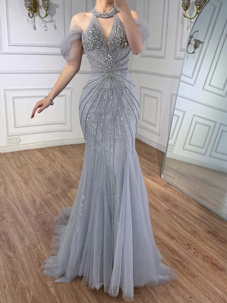 Nove Dress Gray Beaded Feather Mermaid Evening Dress