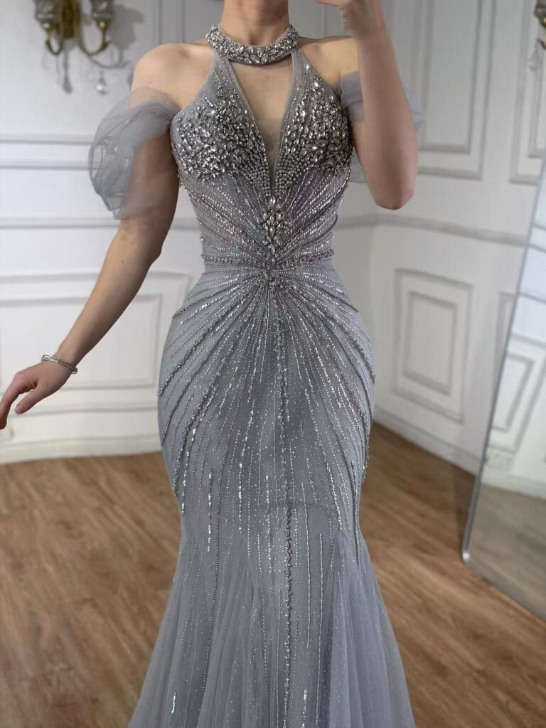 Nove Dress Gray Beaded Feather Mermaid Evening Dress