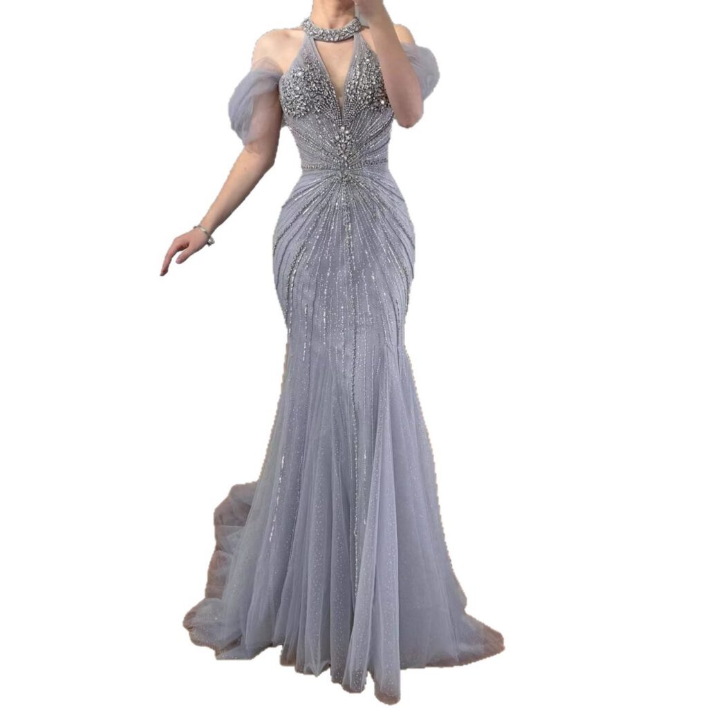 Nove Dress Gray Beaded Feather Mermaid Evening Dress