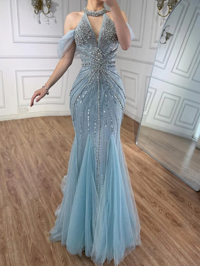 Nove Dress Gray Beaded Feather Mermaid Evening Dress