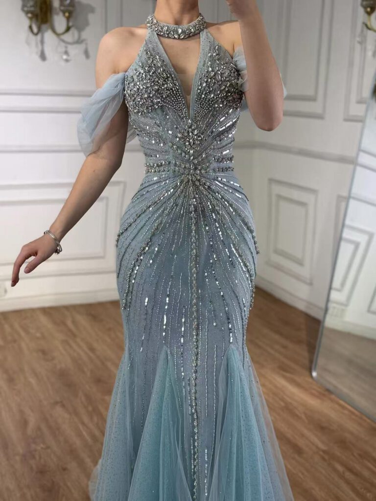 Nove Dress Gray Beaded Feather Mermaid Evening Dress