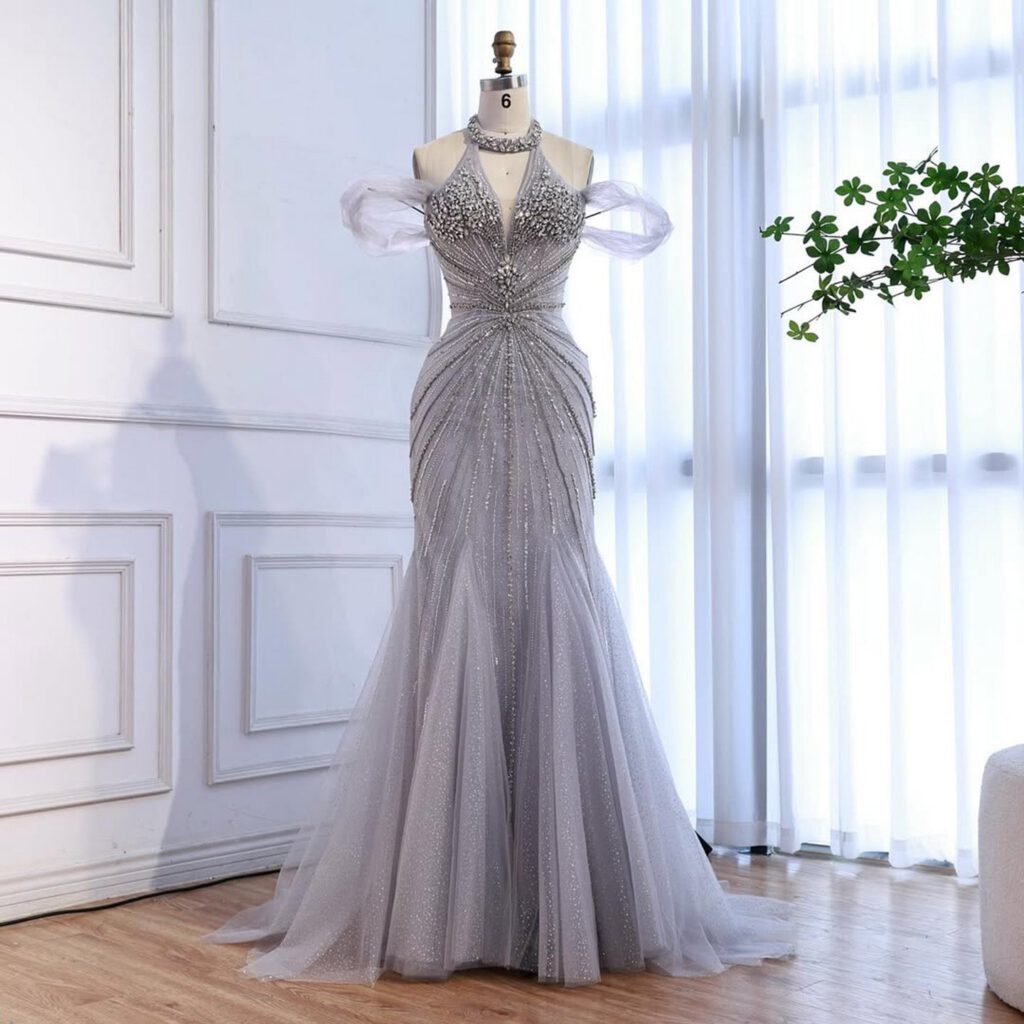 Nove Dress Gray Beaded Feather Mermaid Evening Dress