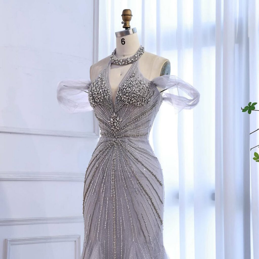Nove Dress Gray Beaded Feather Mermaid Evening Dress