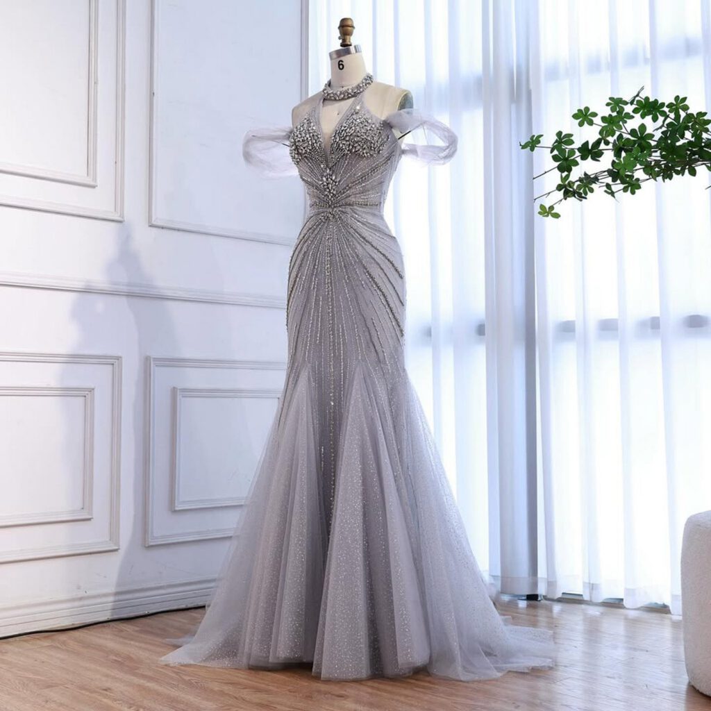 Nove Dress Gray Beaded Feather Mermaid Evening Dress