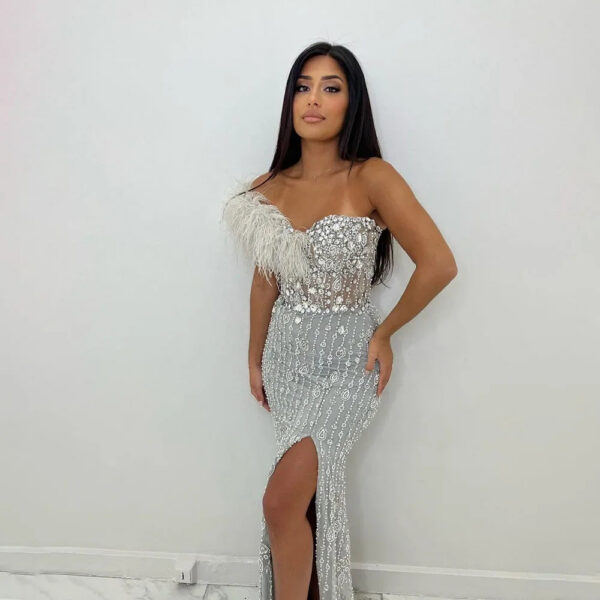 Nove Dress Gray Beaded Feather One Shoulder Mermaid Evening Dress 1 - Nove Dress
