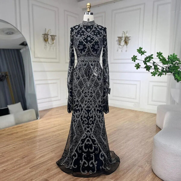 Nove Dress Gray Beaded Long Sleeve Mermaid Modest Evening Dress 1 - Nove Dress