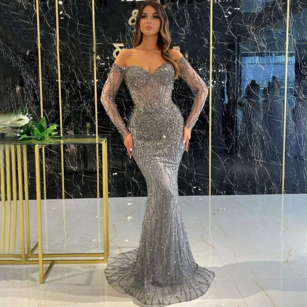 Nove Dress Gray Beaded Mermaid Evening Dress - Style LA71650 1 - Nove Dress