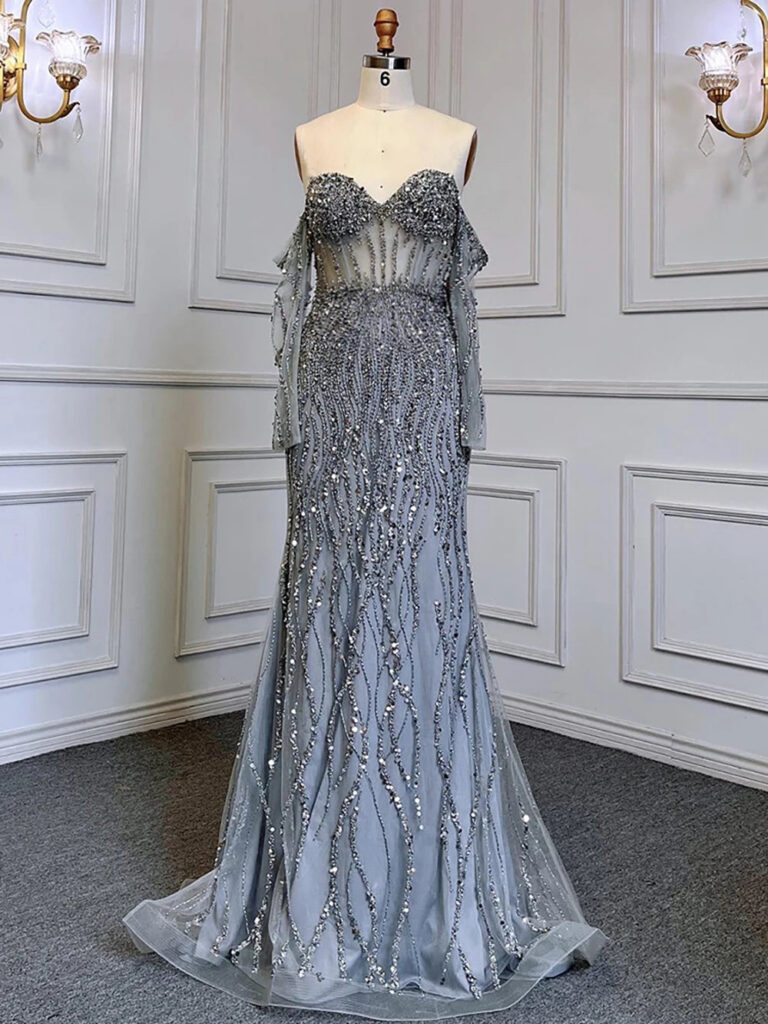 Nove Dress Gray Beaded Mermaid Evening Dress - Style