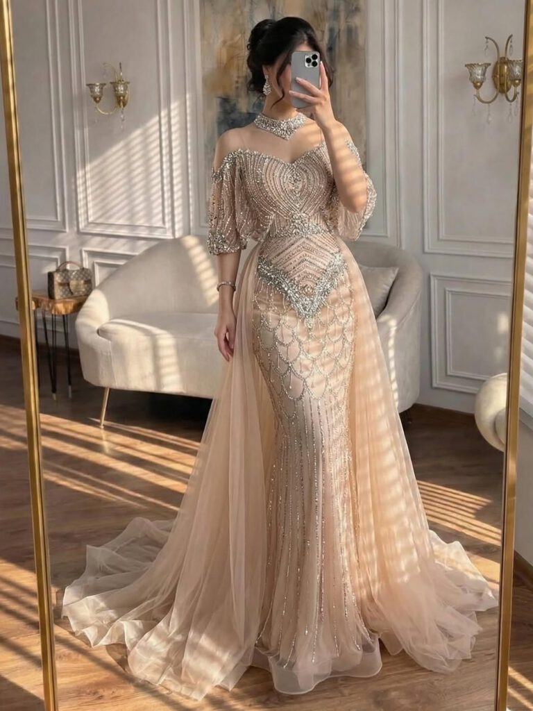 Nove Dress grau Abendkleid mit Perlenstickerei und Überrock